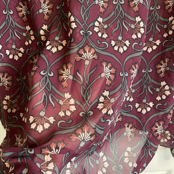 Lane Bryant Sheer Blouse Ruffle Neck Smocked Bodice Floral Burgundy Sz 20 - Picture 8 of 11